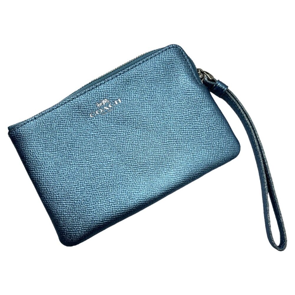 Coach wallet Corner Zip Metallic Wristlet blue F21070 purse